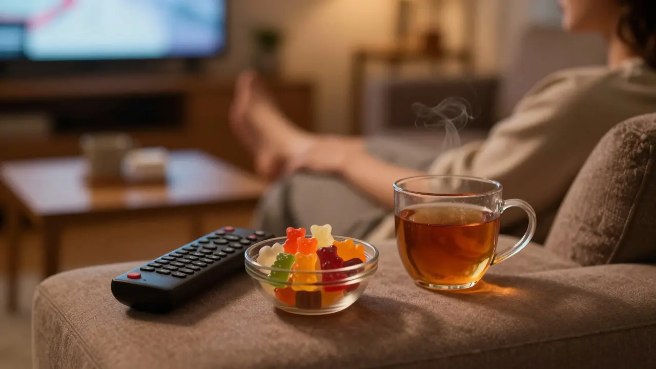 Gemütliche Szene mit HHC-Gummibärchen zum Entspannen am Abend