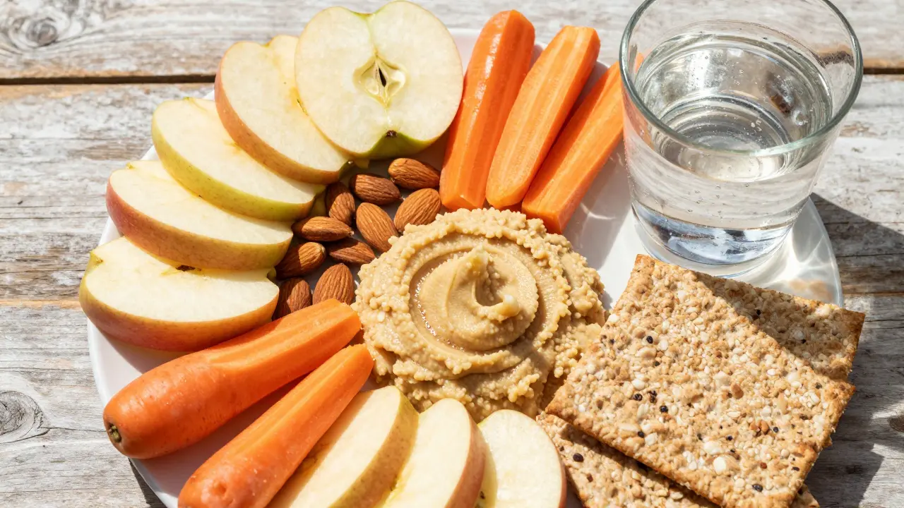 Gesunde Snacks wie Obst und Nüsse neben Wasser auf einem Holztisch