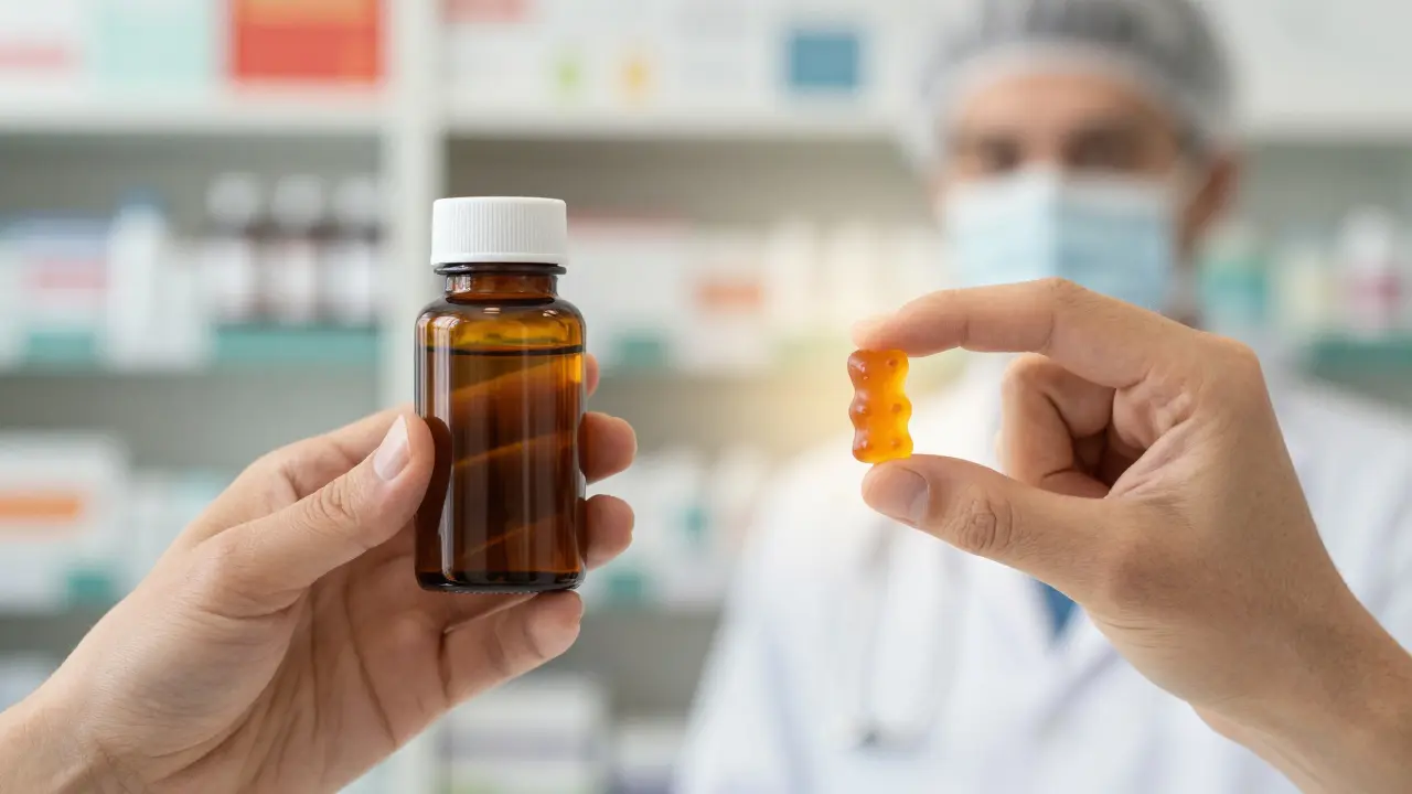 Hände halten Medikamentenflasche und CBD-Gummi, Symbol für Wechselwirkungen