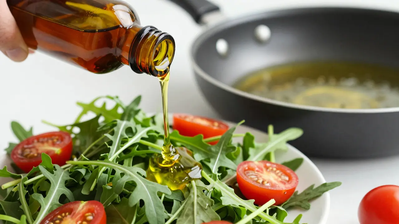 Hanföl wird über einen frischen grünen Salat gegossen, Kochtopf unscharf im Hintergrund