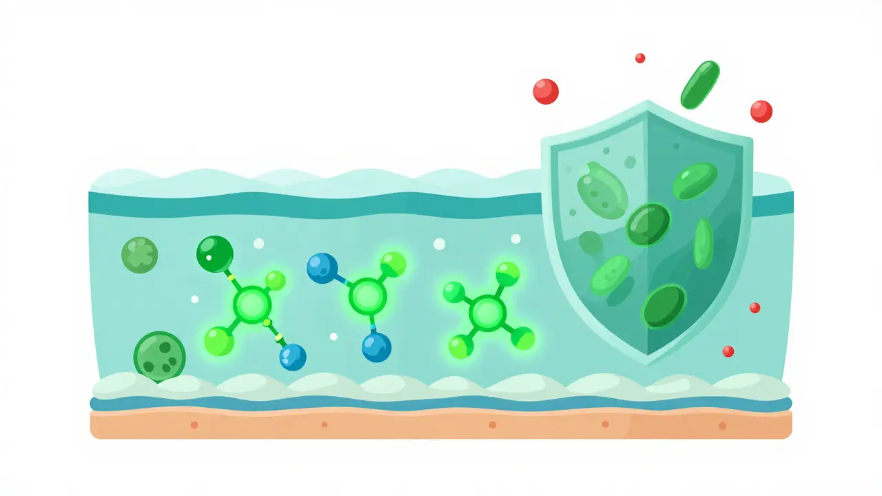 Konzeptionelle Illustration von CBD-Molekülen, die Hautzellen schützen und entzünden