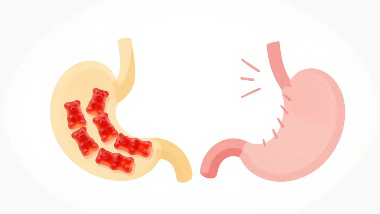 Konzeptuelle Illustration des Magenschutzes durch leichte Mahlzeit vor Edibles