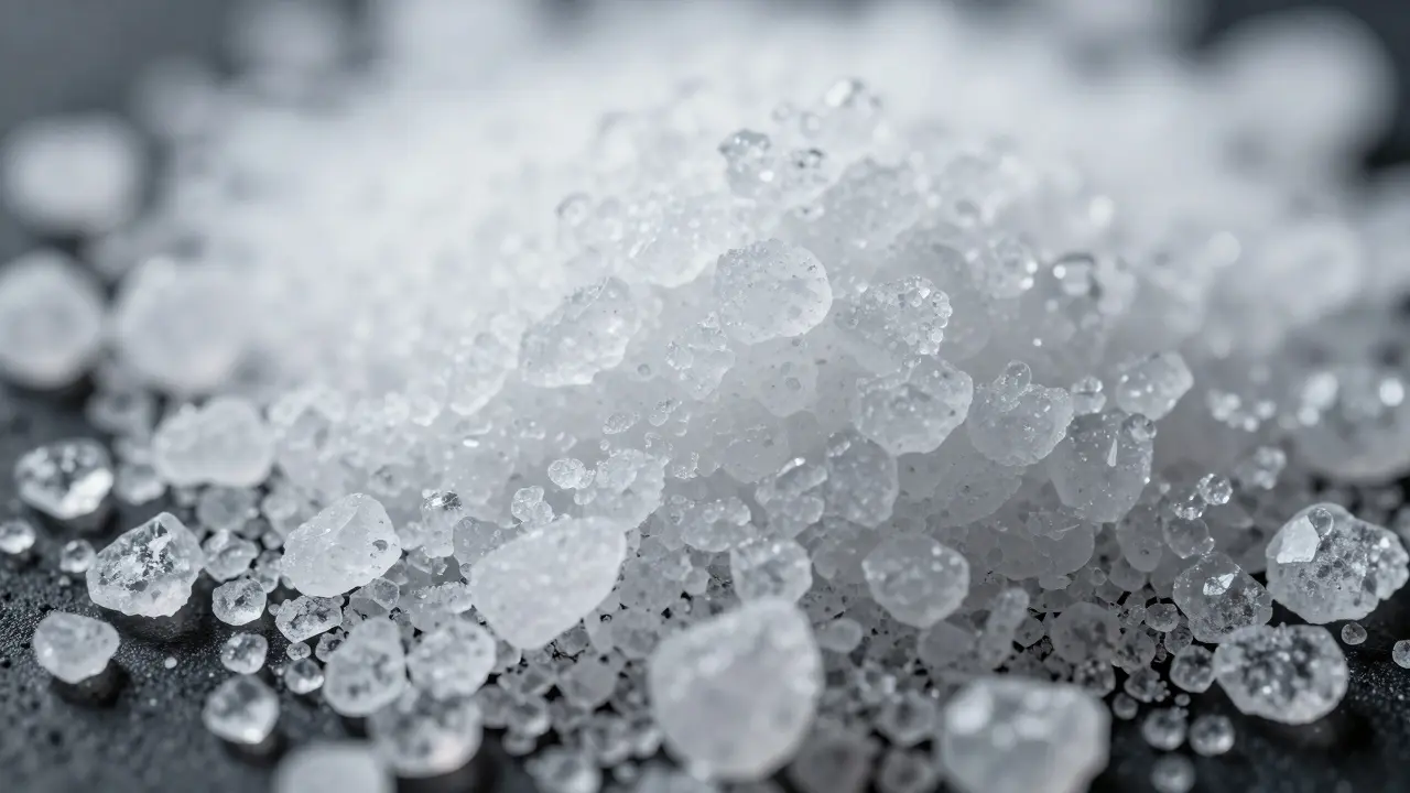 Makroaufnahme von reinen, weißen CBD-Crystal-Kristallen