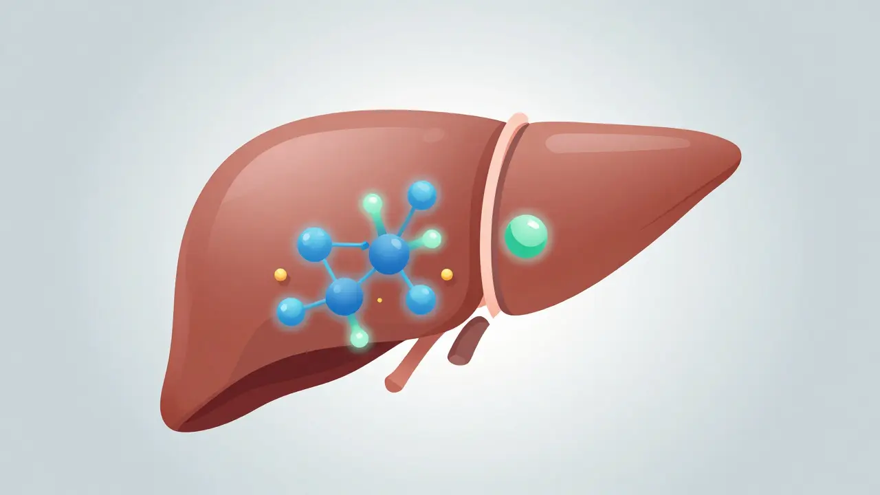 Medizinische Illustration der Leber mit molekularen CBD-Interaktionen und Enzymen
