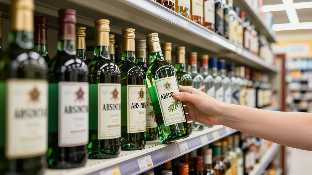 Moderne Szene: Flaschen Absinth auf dem Regal im US-Spirituosengeschäft
