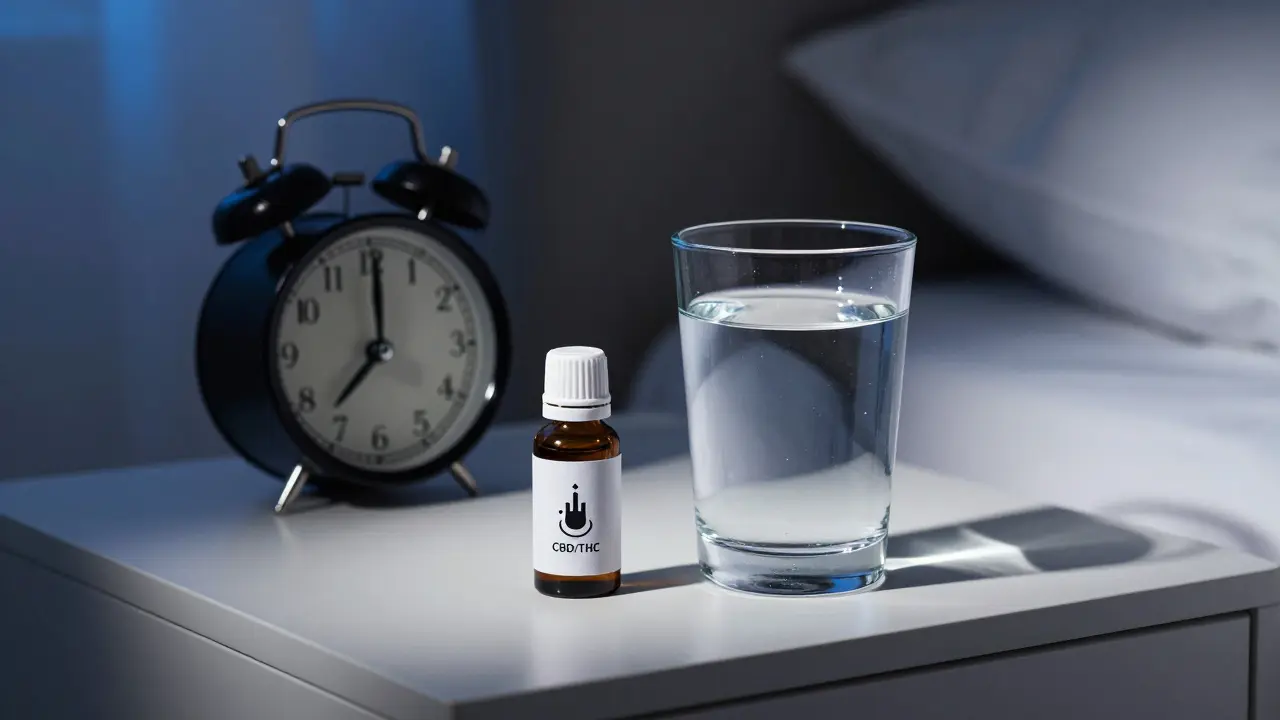 Nachtisch mit Wasser und CBD-Produkt für sicheren Schlaf