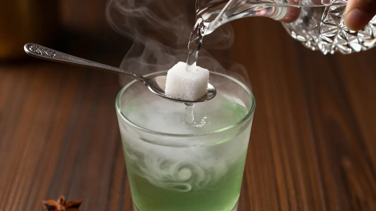 Nahaufnahme: Das traditionelle Absinth-Ritual mit Wasser und Zucker