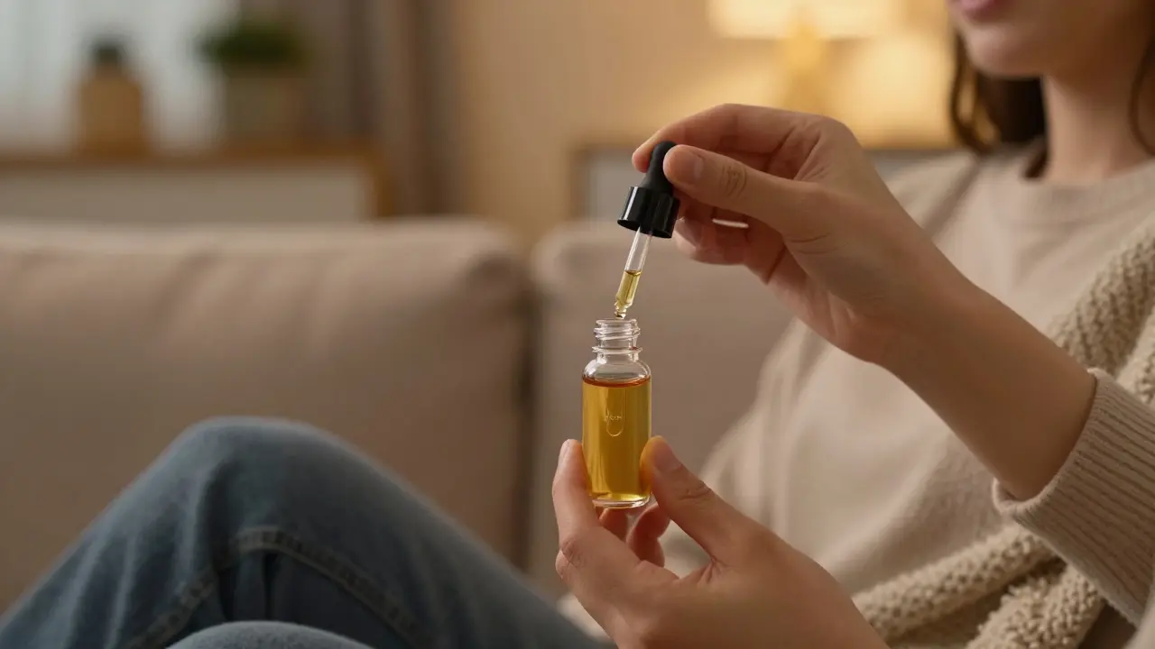Nahaufnahme einer Hand mit H4CBD-Tinktur in entspannter Umgebung