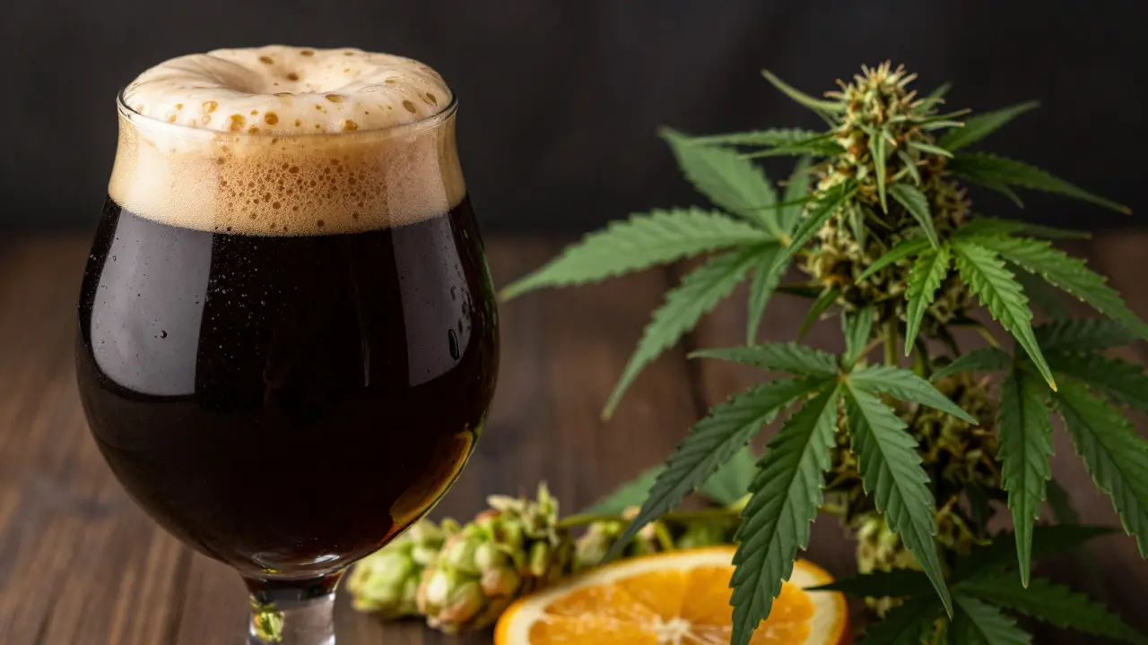 Nahaufnahme von Stout-Bier und Hanfpflanzen mit dramatischer Beleuchtung