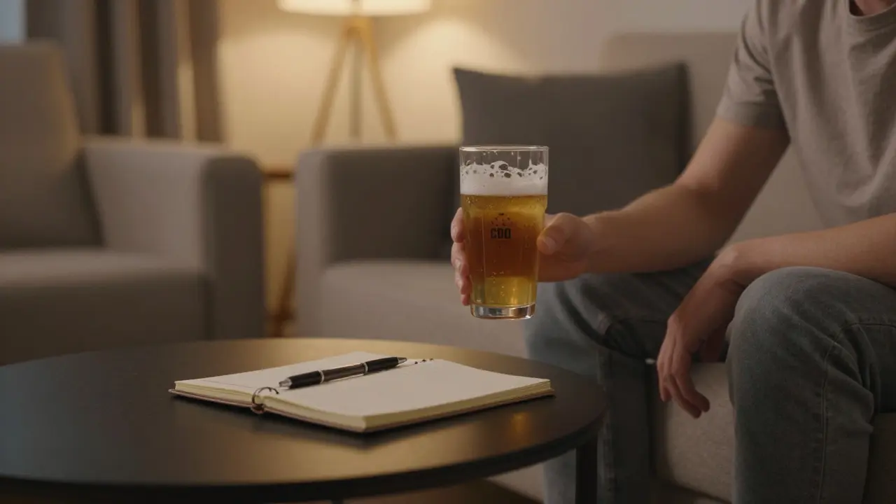 Person entspannt abends mit CBD-Bier und Notizbuch im Wohnzimmer