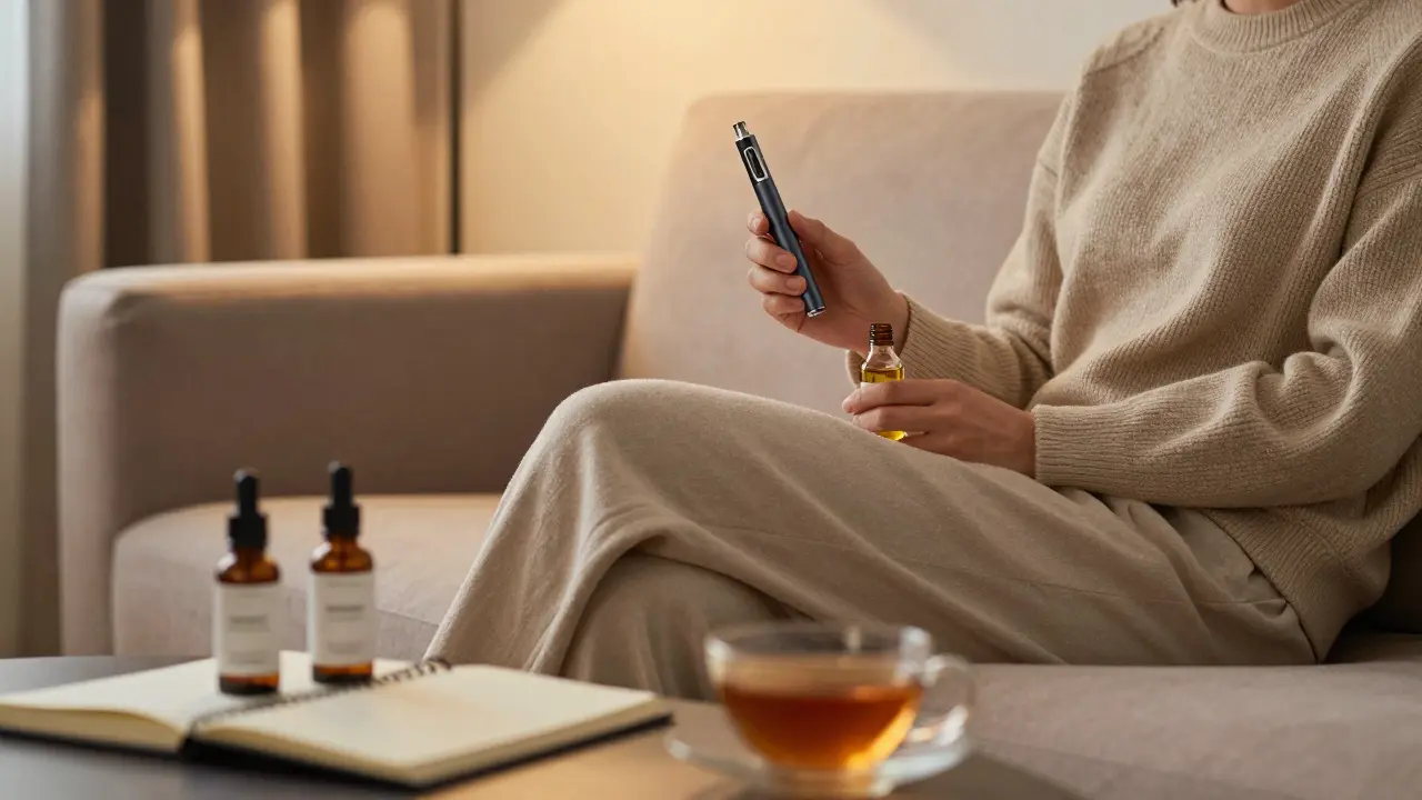 Person entspannt auf dem Sofa mit Vape und Ölflasche in gemütlichem Ambiente