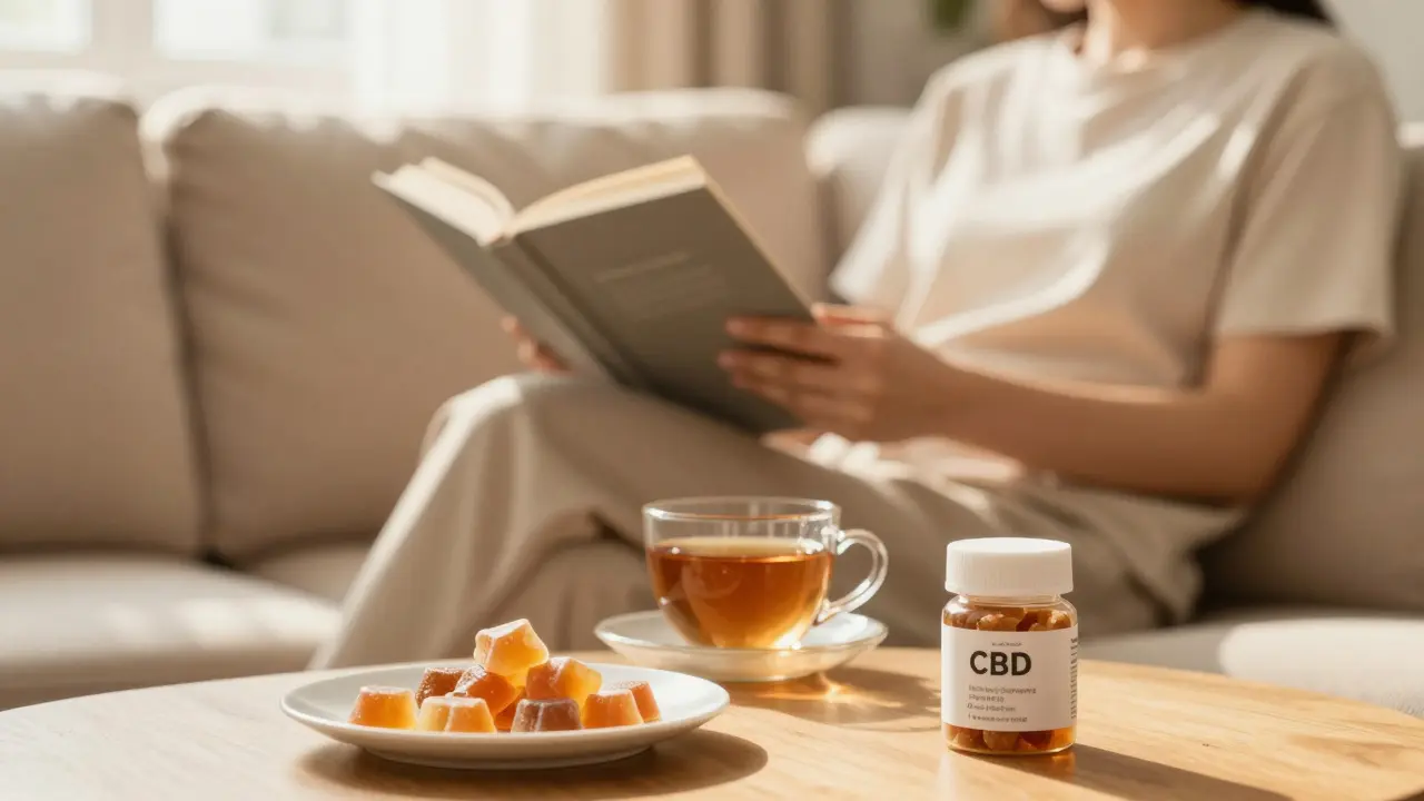 Person entspannt im Wohnzimmer mit Tee und CBD-Snacks im Sonnenlicht