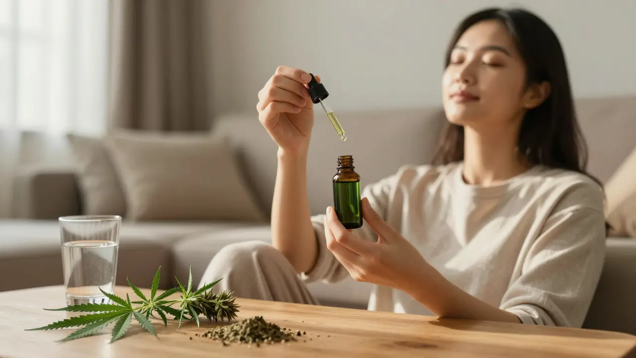 Person in entspannter Haltung mit CBD-Ölflasche und Hanfpflanzen im warmen Licht