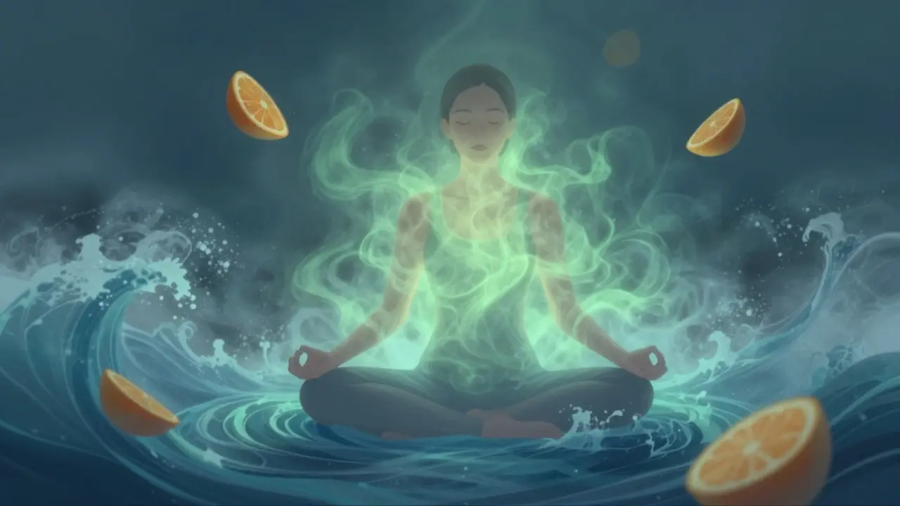 Person in Meditation umgeben von beruhigenden Farben und Zitrusdüften