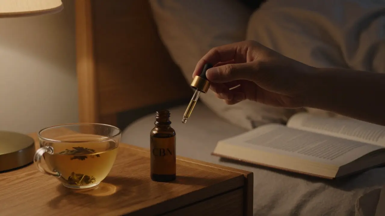 Ruhiges Schlafzimmer bei Dämmerung mit Ölflasche auf dem Nachttisch
