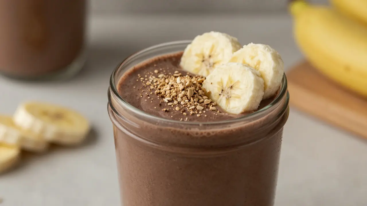 Schoko-Bananen-Smoothie mit Hanfproteinpulver und Fruchtscheiben als Topping