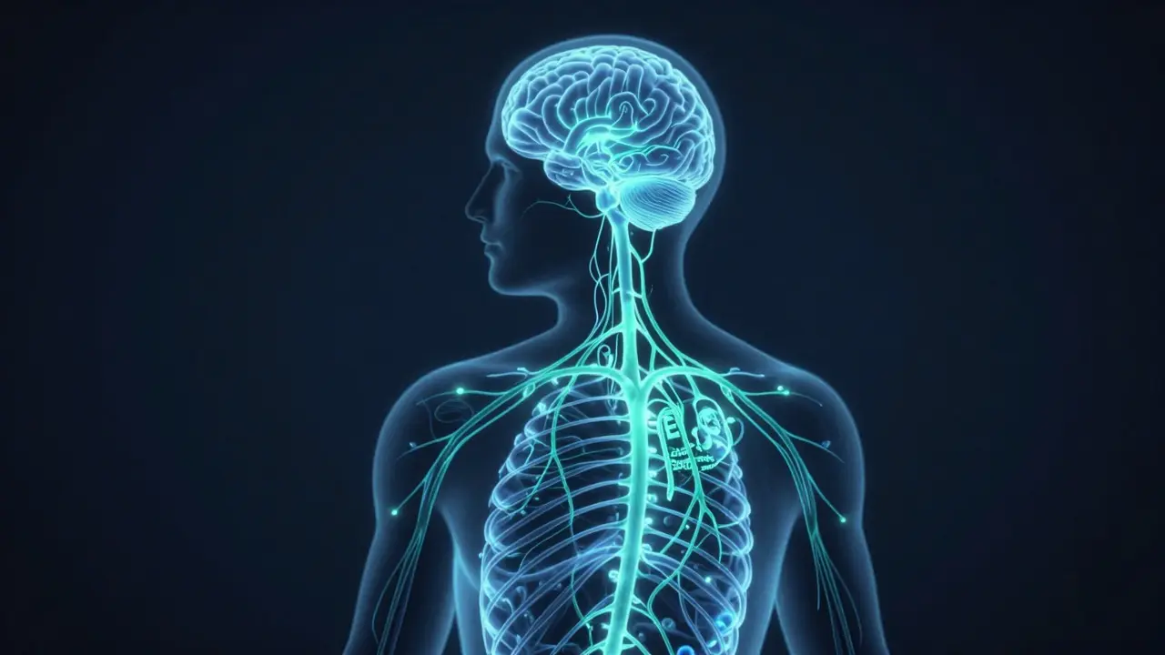 Stilisierte Darstellung des Endocannabinoid-Systems im menschlichen Körper