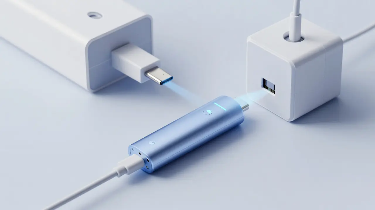 Vape-Gerät wird über USB-Kabel aufgeladen, blaues LED-Licht