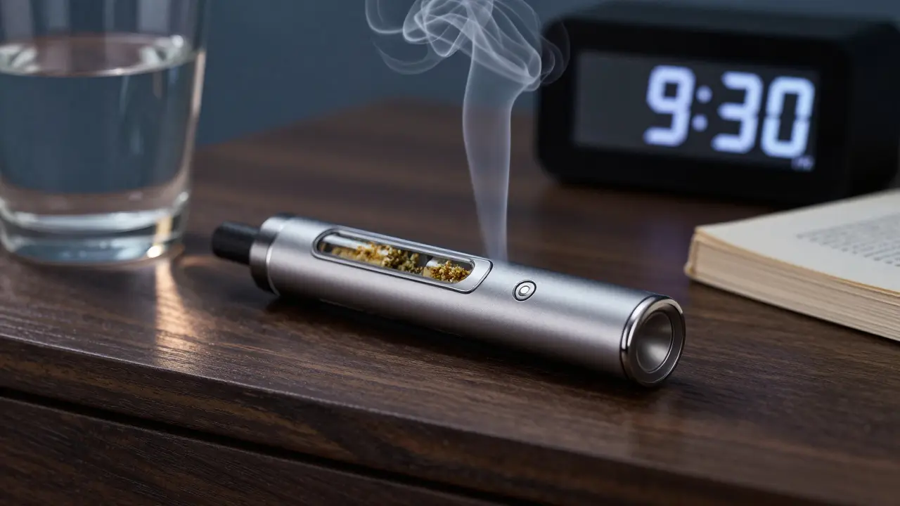Vaporizer on a nightstand with rising vapor and a clock