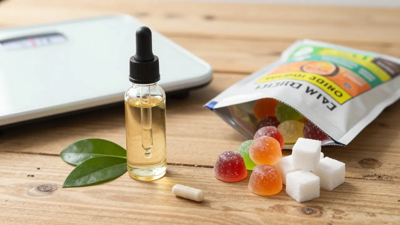 Vergleich von CBD-Öl, Kapseln und Gummibärchen auf einem Tisch