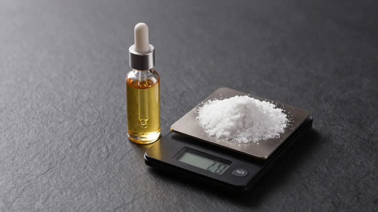 Vergleich von CBD-Öl und reinen CBD-Kristallen auf einer dunklen Oberfläche