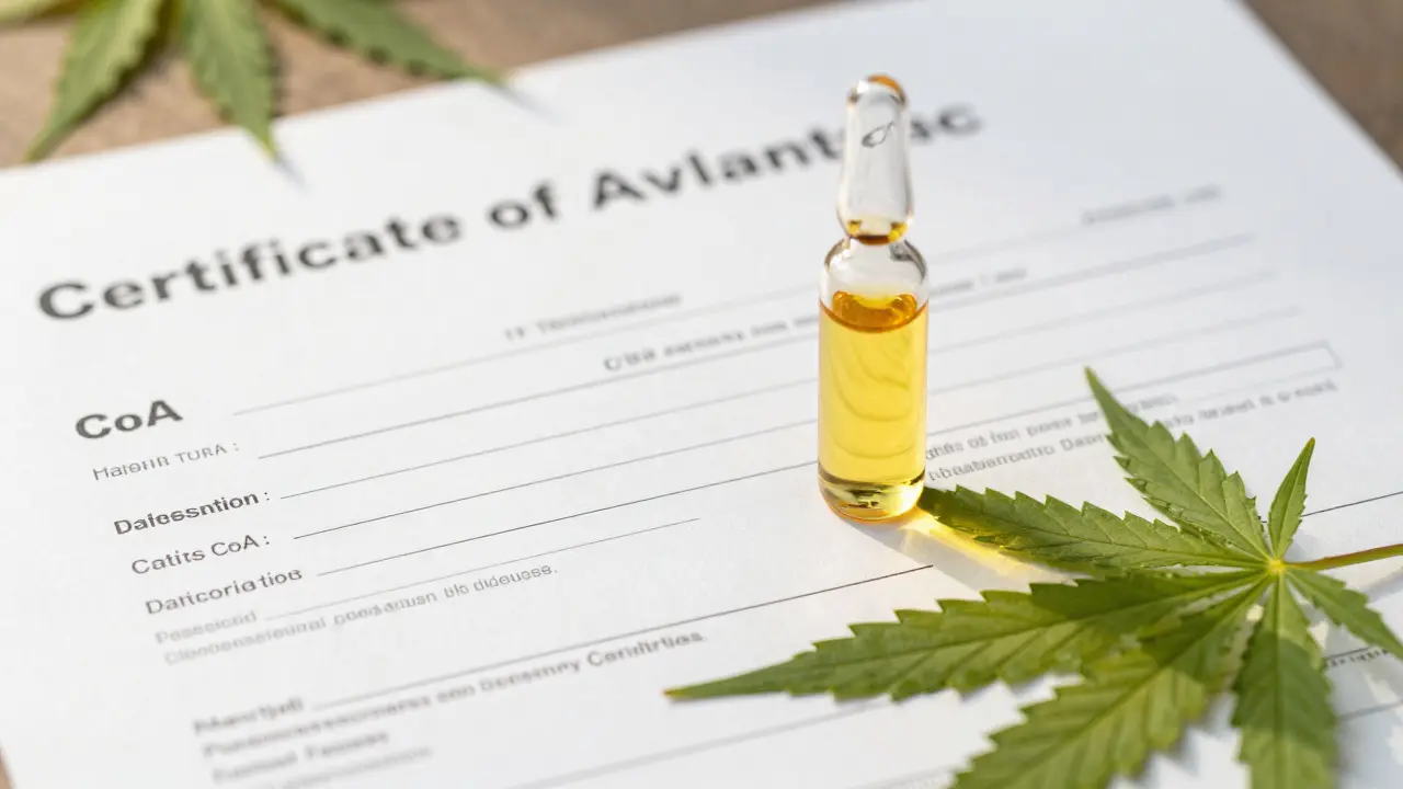 Analysezertifikat neben CBD-Ölglas als Symbol für Qualität und Transparenz