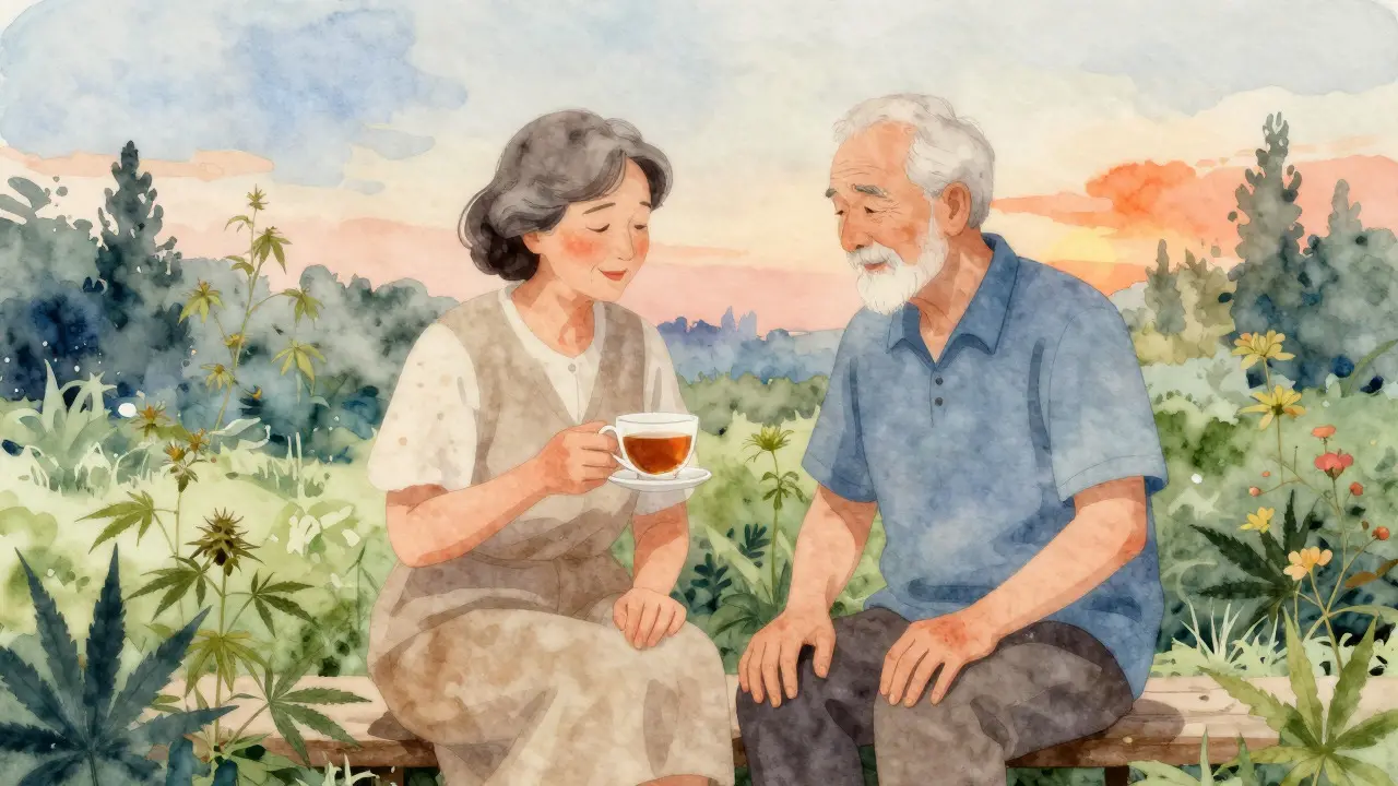 Beruhigende Illustration eines älteren Paares im Garten mit Hanfpflanzen