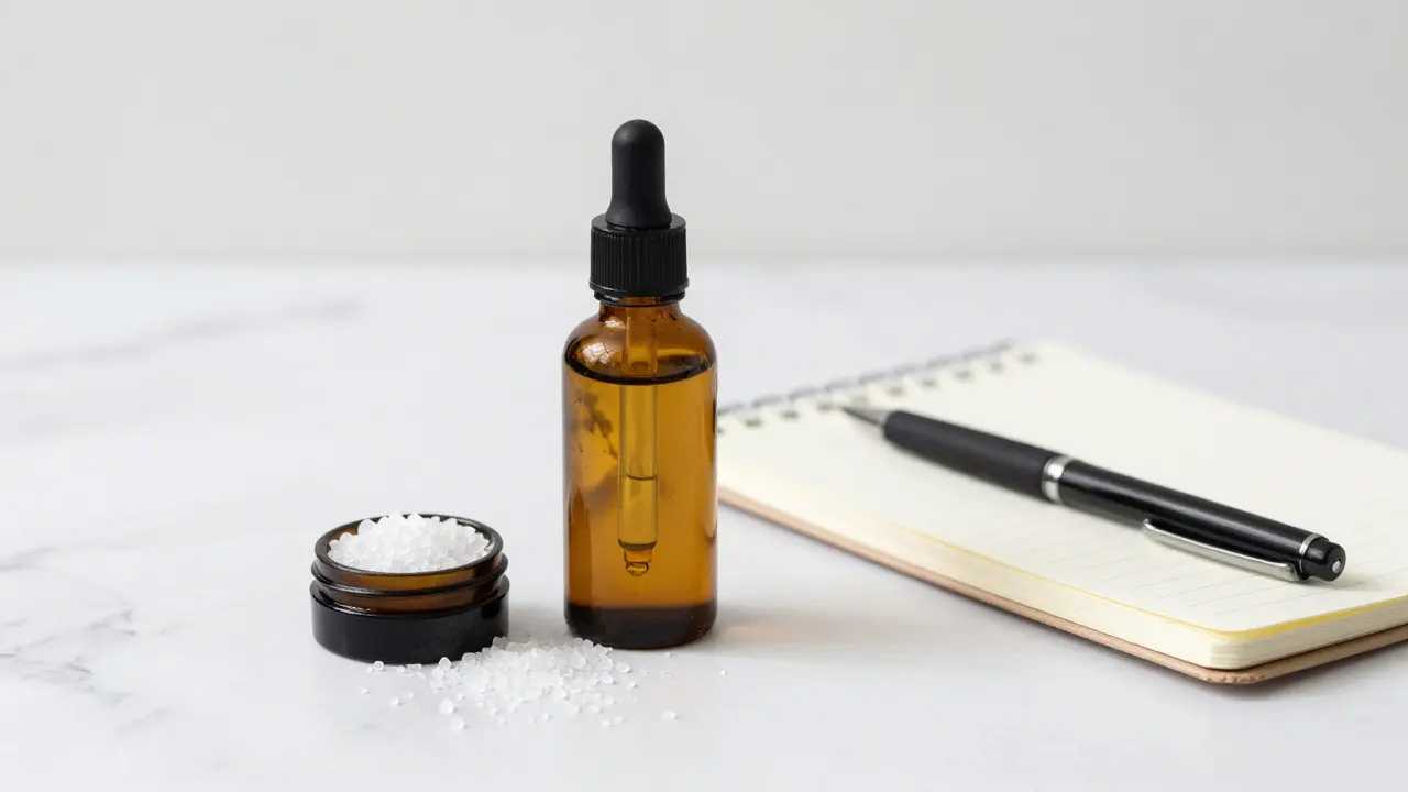 Dunkle Tinktur-Flasche neben CBD-Kristallen und Notizbuch