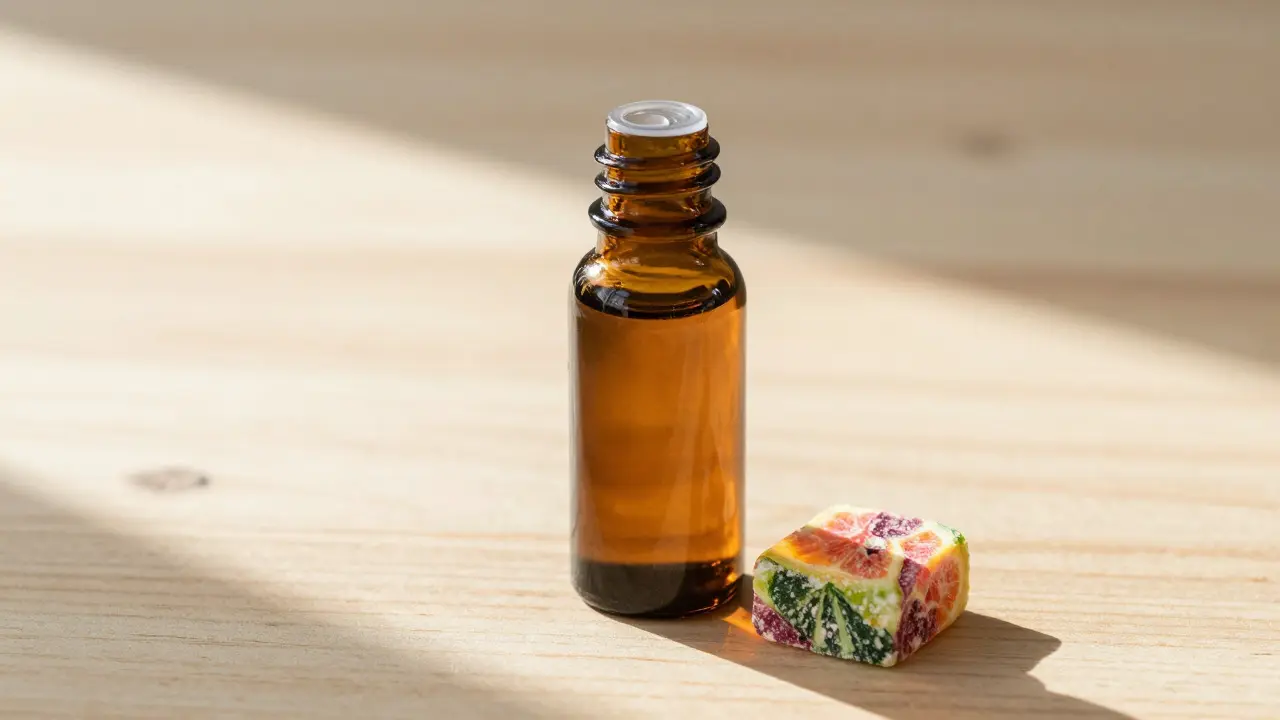 Flasche Cannabisöl neben einem Stück Cannabis-Kaugummi auf Holz