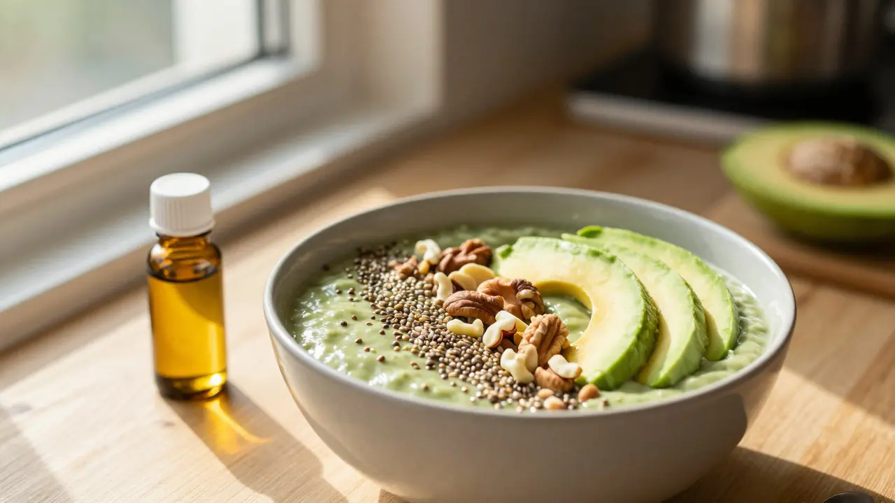 Gesundes Frühstück mit Hanfsamen und CBD-Öl