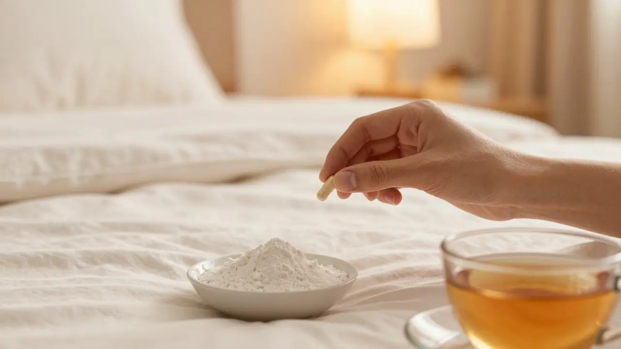 Hand hält CBD-Kapsel neben ruhigem Bett mit Schlafhilfen