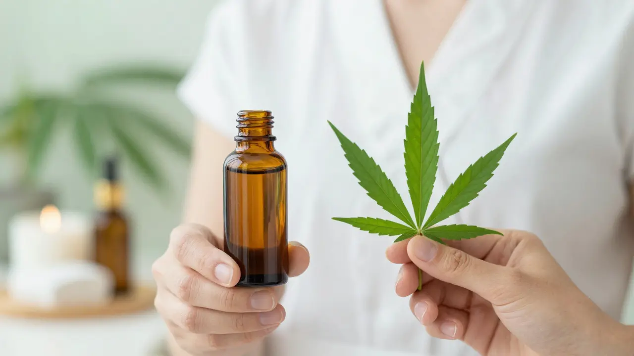 Hände halten CBD-Flasche und Hanfblatt