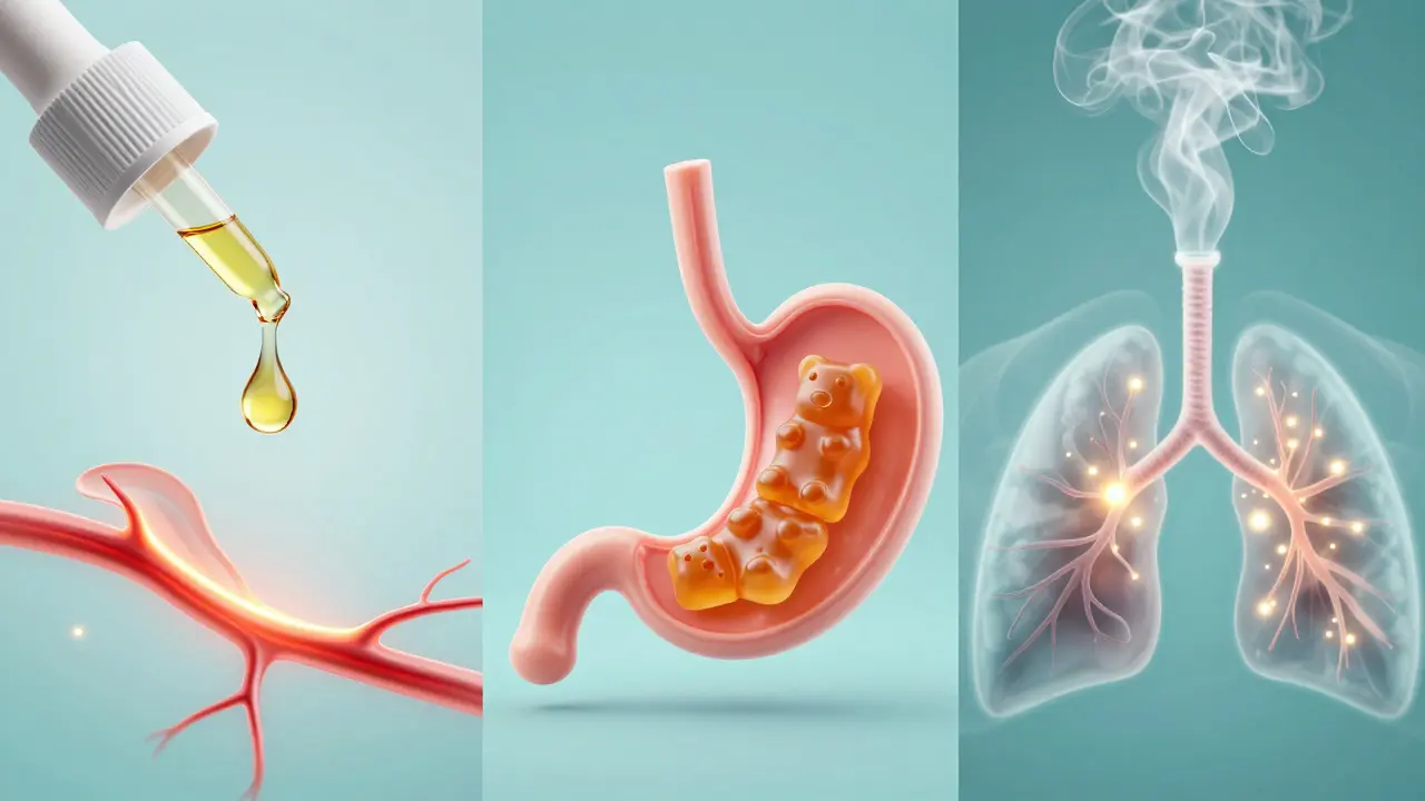 Illustration der verschiedenen Einnahmeformen von CBN: sublingual, oral, Vape