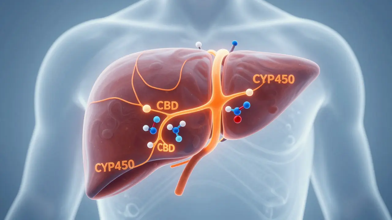 Konzeptillustration: CBD blockiert Leberenzyme im CYP450-System