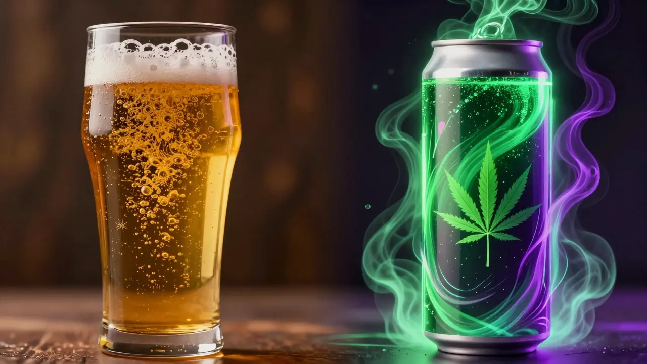 Konzeptkunst: Vergleich von alkoholischem Bier und THC-Getränken