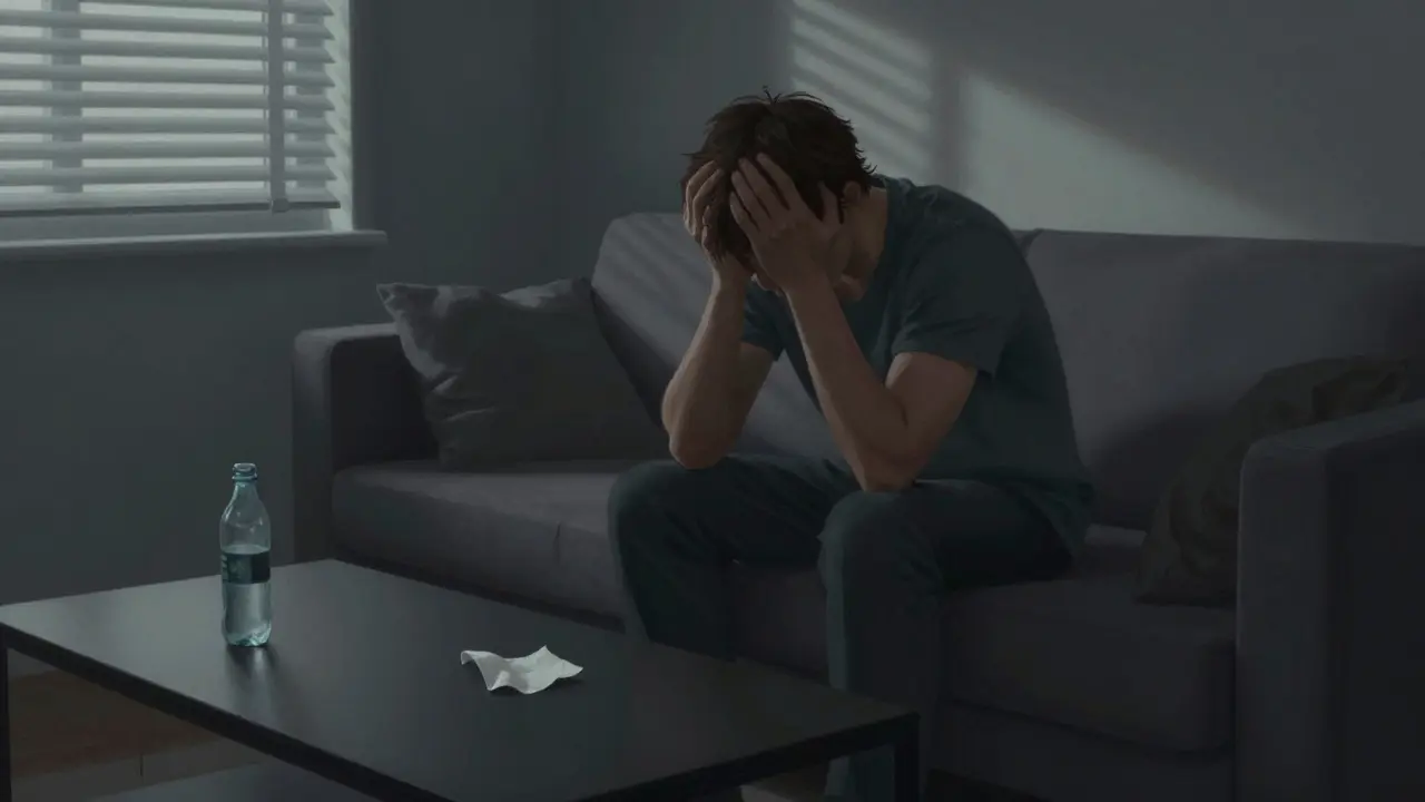 Müde Person auf dem Sofa am Morgen nach einer Party