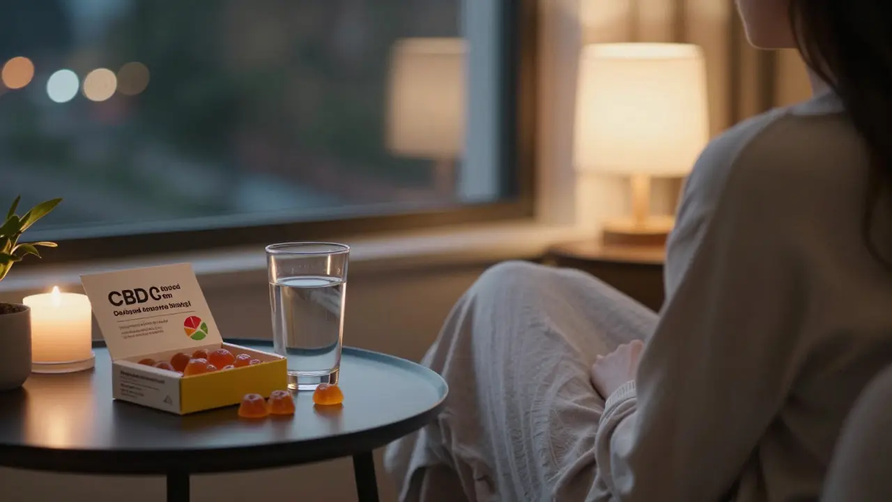 Person entspannt abends mit CBD-Gummies auf dem Tisch