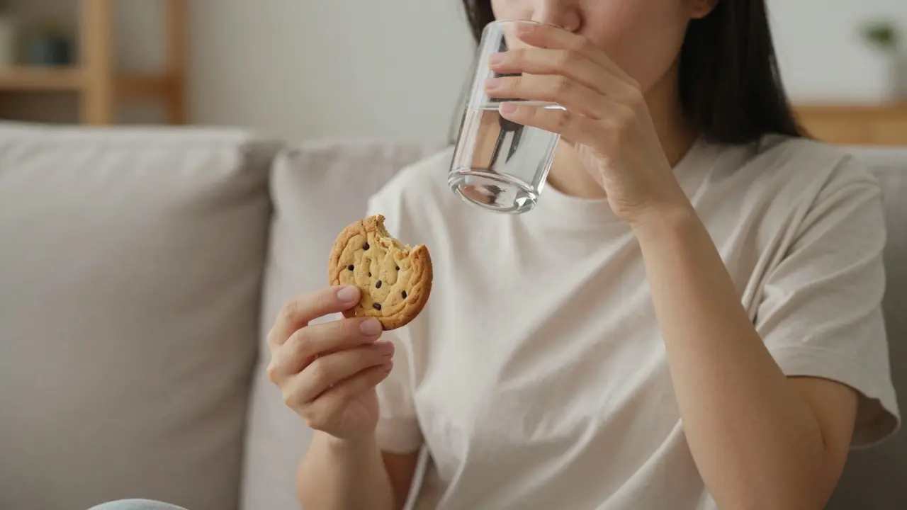 Person genießt entspannt einen CBD-Keks und trinkt dazu ein Glas Wasser