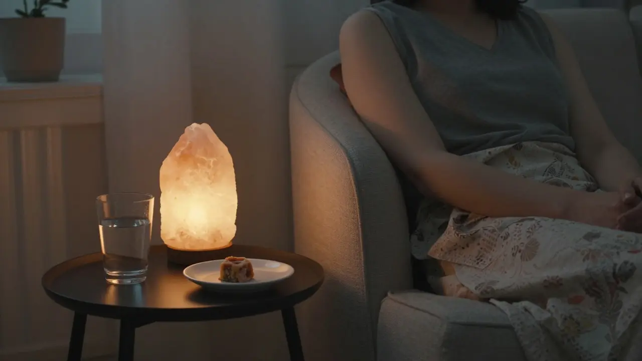 Ruhige Person mit Wasser und Snack in gemütlichem, dunklem Wohnzimmer