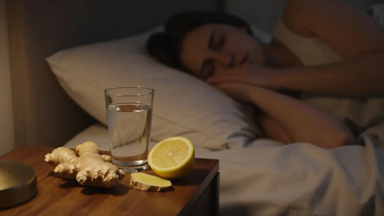 Ruhige Szene mit Wasser, Ingwer und Zitrone zur Erholung