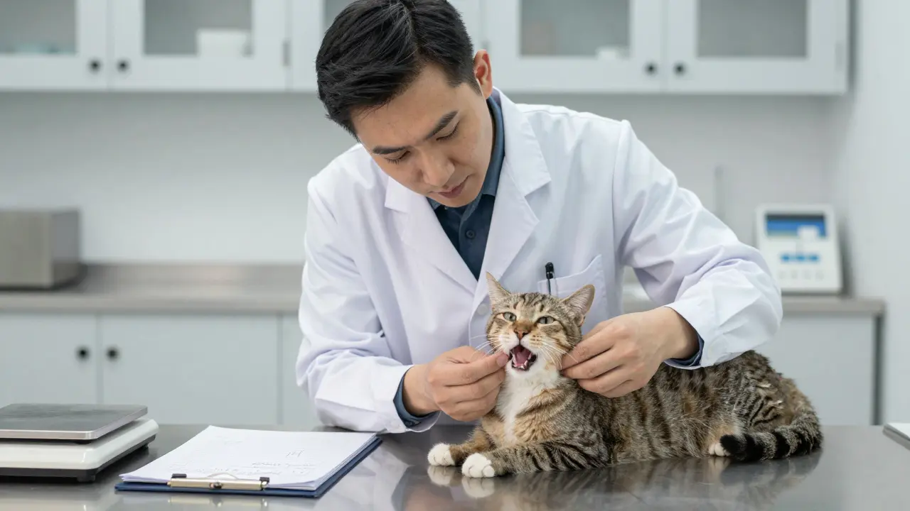 Tierarzt untersucht eine Katze und prüft Dosierungsprotokolle