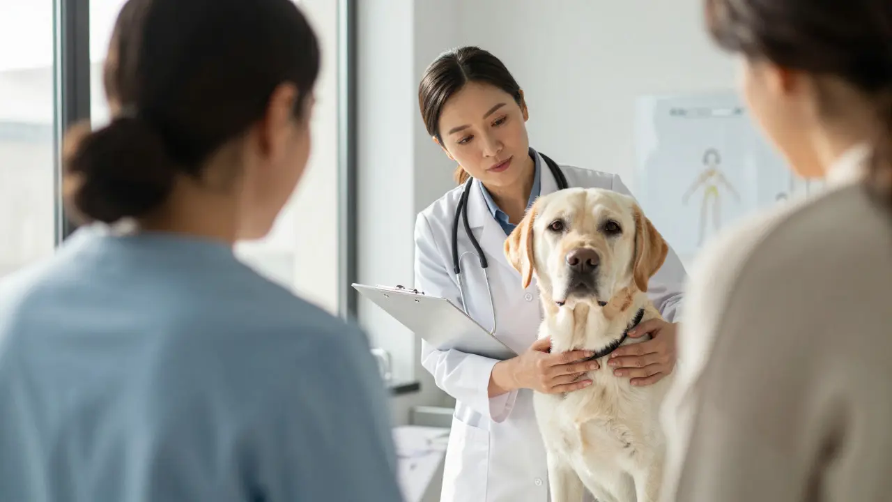 Tierarzt untersucht einen älteren Labrador in einer hellen Praxis