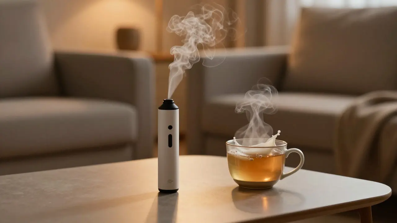 Vaporizer und Tee auf einem Tisch in ruhiger Wohnumgebung