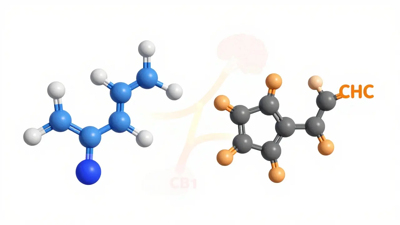 Vergleich der Molekülstrukturen von THCV und THC im wissenschaftlichen Stil