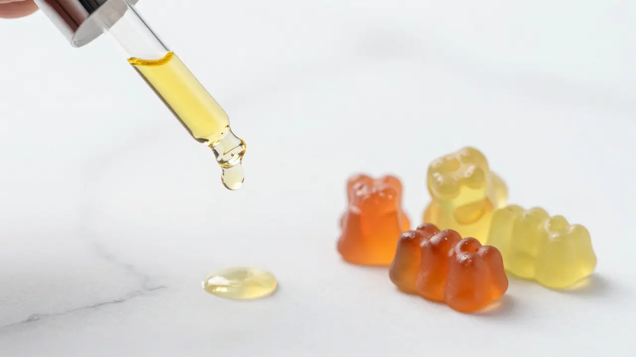 Vergleich von CBD-Tropfen und Gummibärchen auf weißer Marmoroberfläche