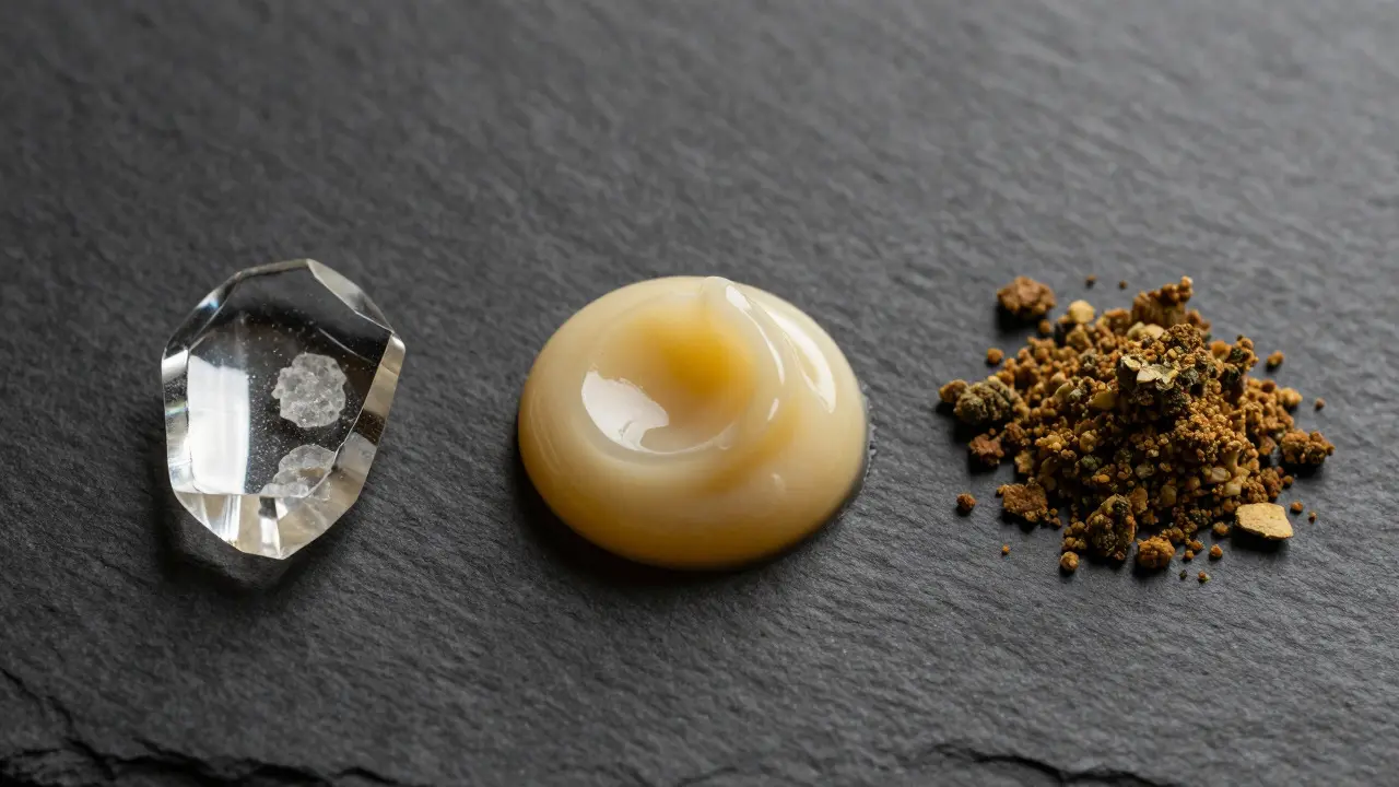 Vergleich von Shatter, Wax und Crumble auf dunklem Untergrund