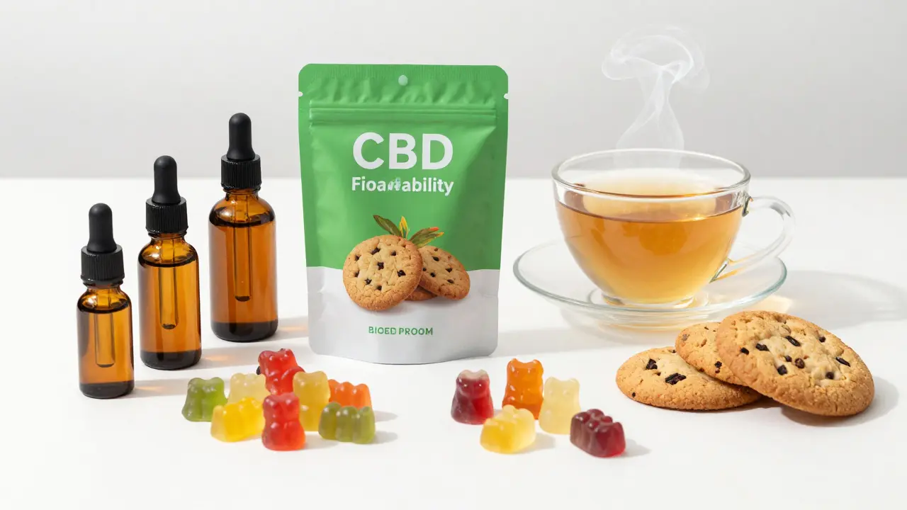 Verschiedene CBD-Produkte wie Öl, Gummis und Tee