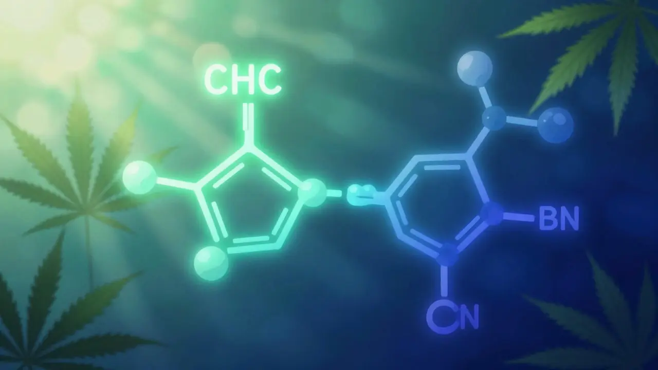 Abstract art showing THC molecule transforming into CBN