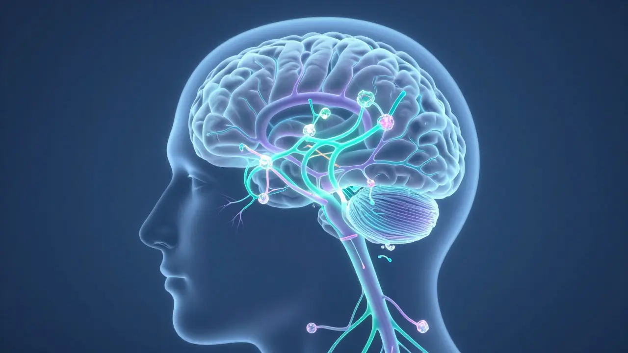 Abstrakte Darstellung des Endocannabinoid-Systems mit CBD-Molekülen im Gehirn