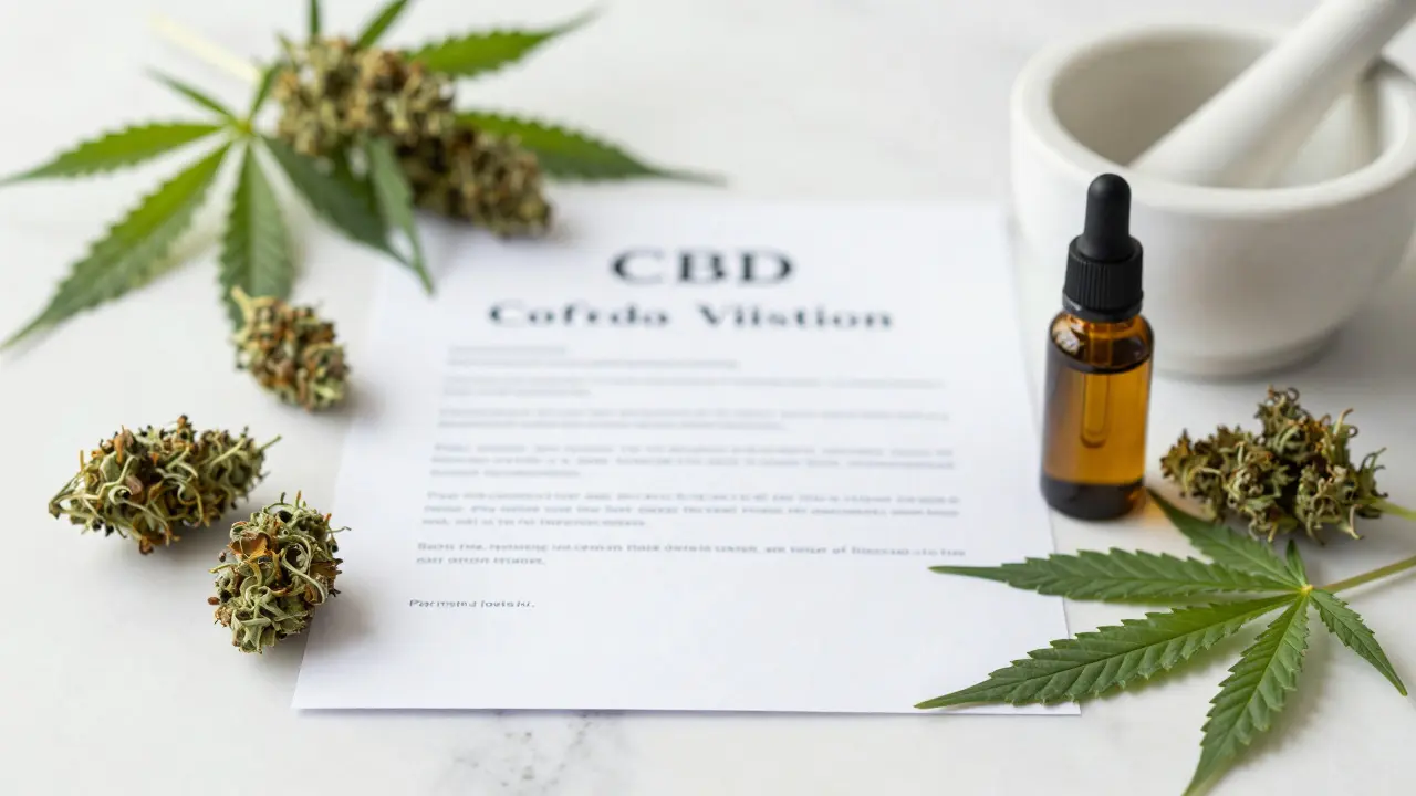 CBD-Blüten und Ölflasche auf Marmorfläche mit Laborzertifikat im Hintergrund